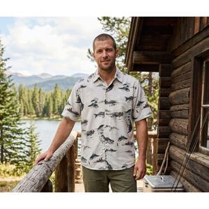 Vintage Field & Stream Fishing Shirt Silk Blend  Bass Print Medium Gorpcore